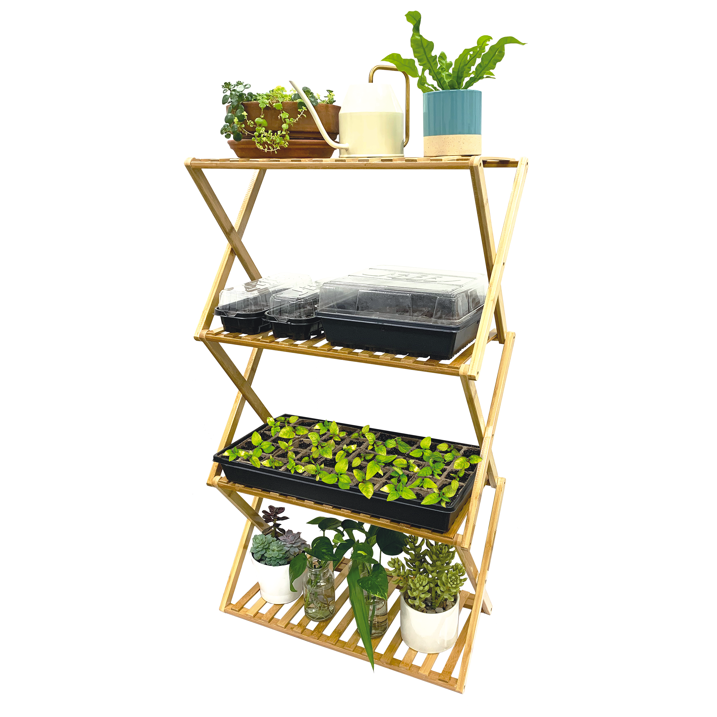 A multi-tiered indoor plant stand made of bamboo, featuring several plants and seed starting trays on each shelf.